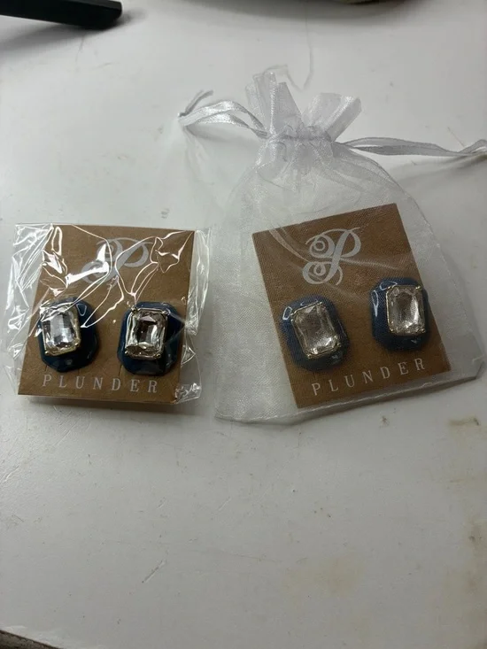 Plunder Navy and Clear Rectangular Crystal Stud Earrings Set of Two NWT - Picture 2 of 5